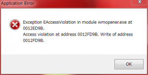 Exception EAccessViolation in module wmopener.exe at 0012ED9B. Access violation at address 0012FD9B. Write of address 0012FD9B.