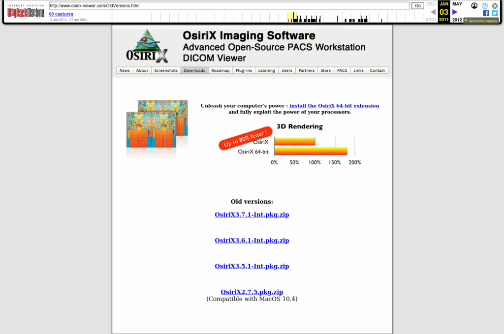 Internet ArchivesでOsiriXの旧バージョン配布ページ（アーカイブ）にアクセスしている状態のキャプチャー画像。