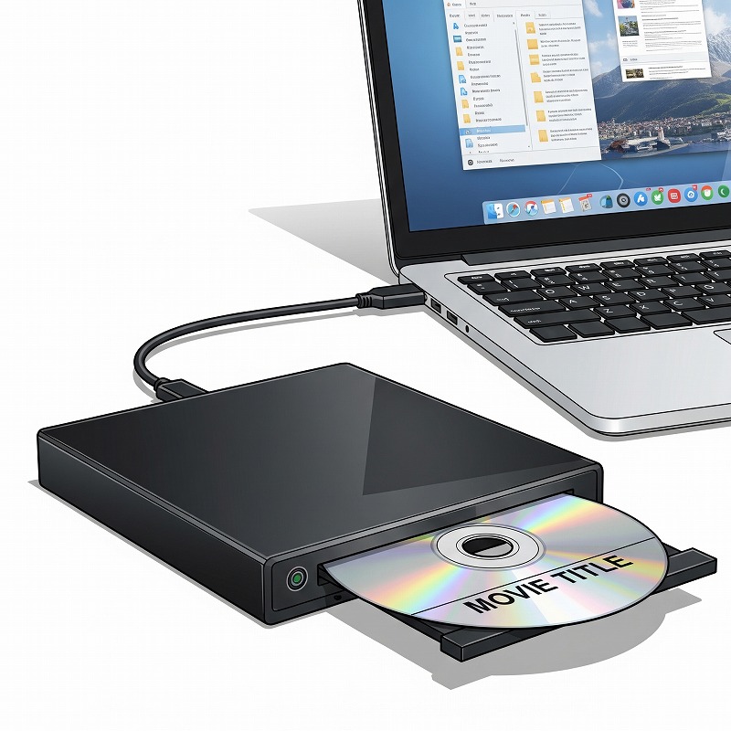 DVDをパソコンに接続しているイラスト画像